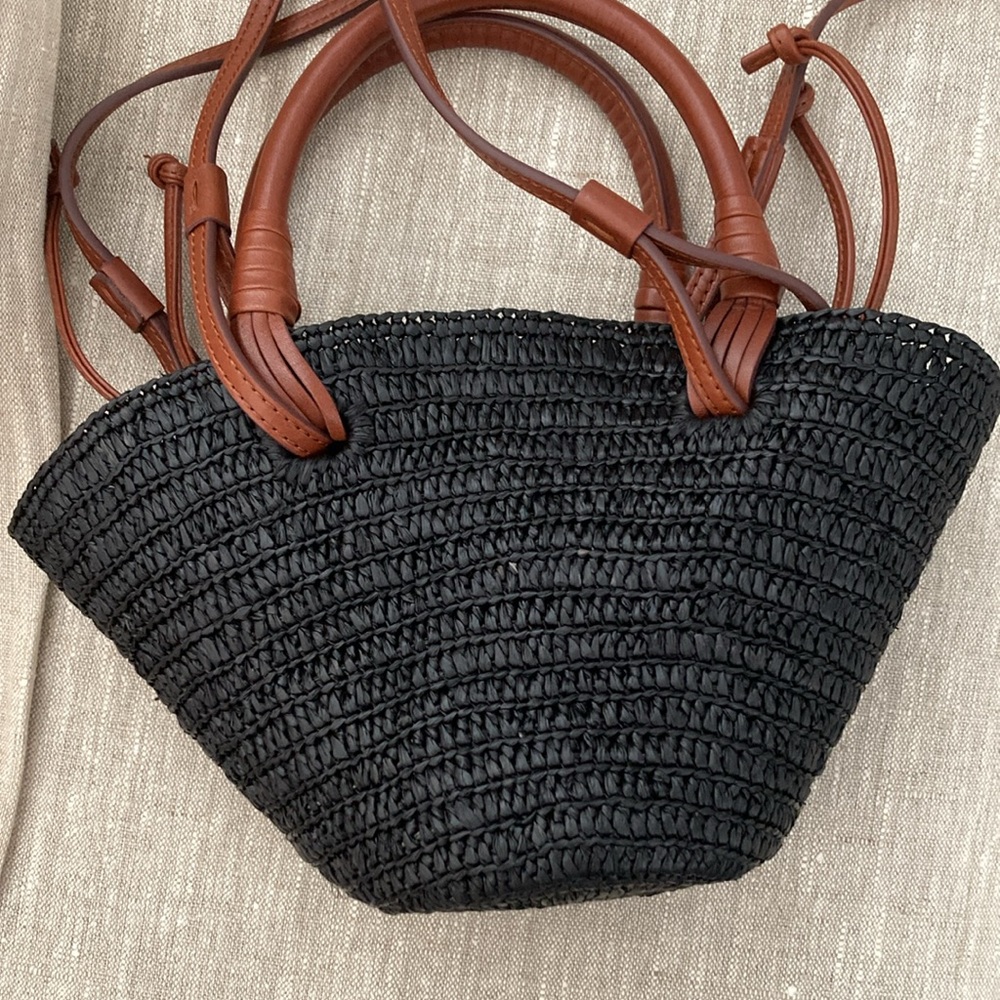 Sezane Mini Justine Basket Bag in Black with Brown Leather Trim - Picture 4 of 7